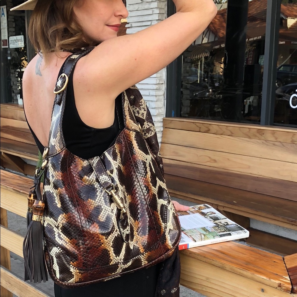 Brown Tan and Black Gucci Python Jackie Hobo
